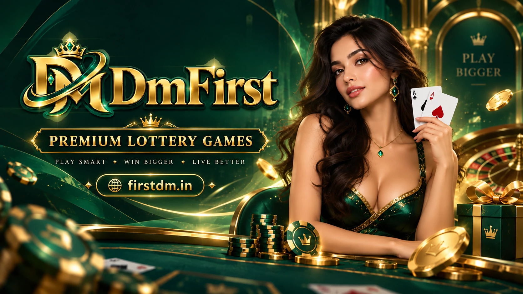 DmFirst hero banner with emerald and gold lottery games theme and firstdm.in branding